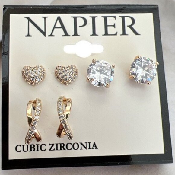 NAPIER 3pc Romantic Gold Heart + Round CZ Studs & Criss Cross Hoop Earrings**NEW - Picture 1 of 1